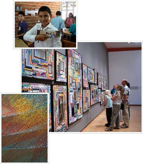 boy holding beading project; beaded pieces hanging in gallery with people; beaded sculpture